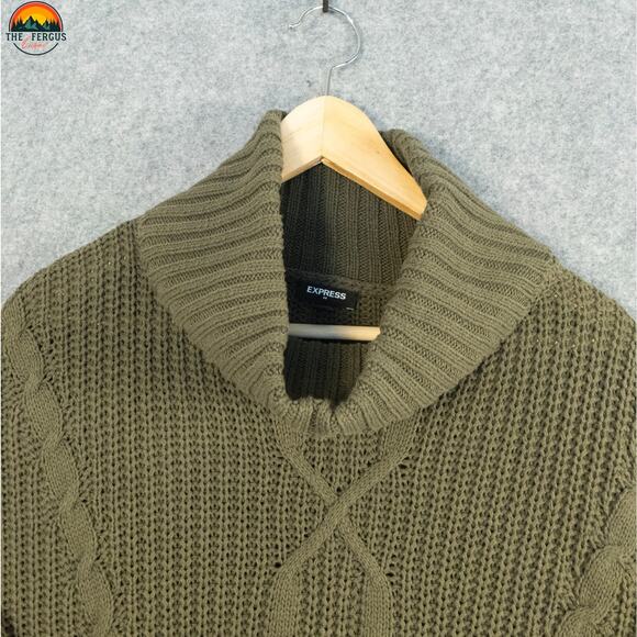 Express Cowl Neck Sweater Olive Green Cable Knit French Cut Winter Womens Size M - Picture 9 of 12